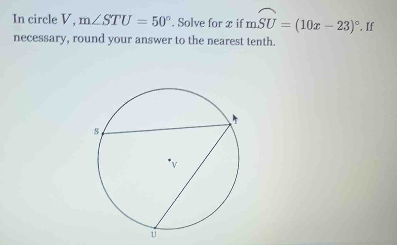 in circle $v$, $m\\angle stu = 50^\\circ$. solve for $x$ if $m\\overset…