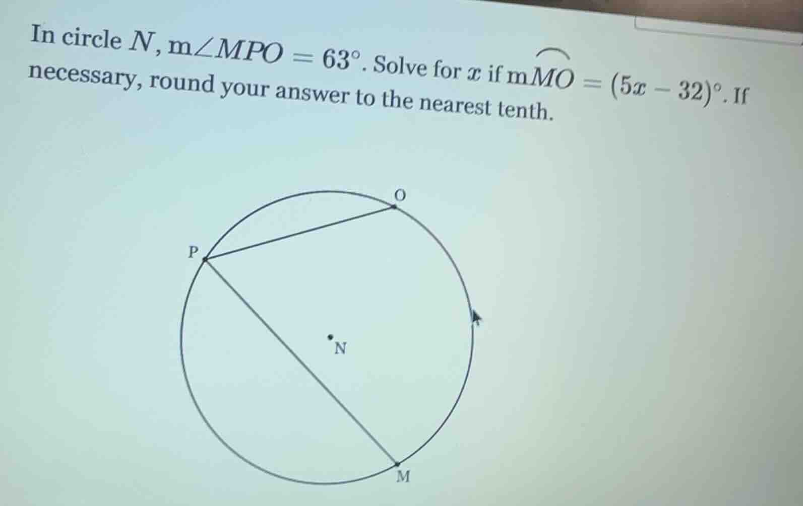in circle $n$, $m\\angle mpo = 63^\\circ$. solve for $x$ if $m\\overset…