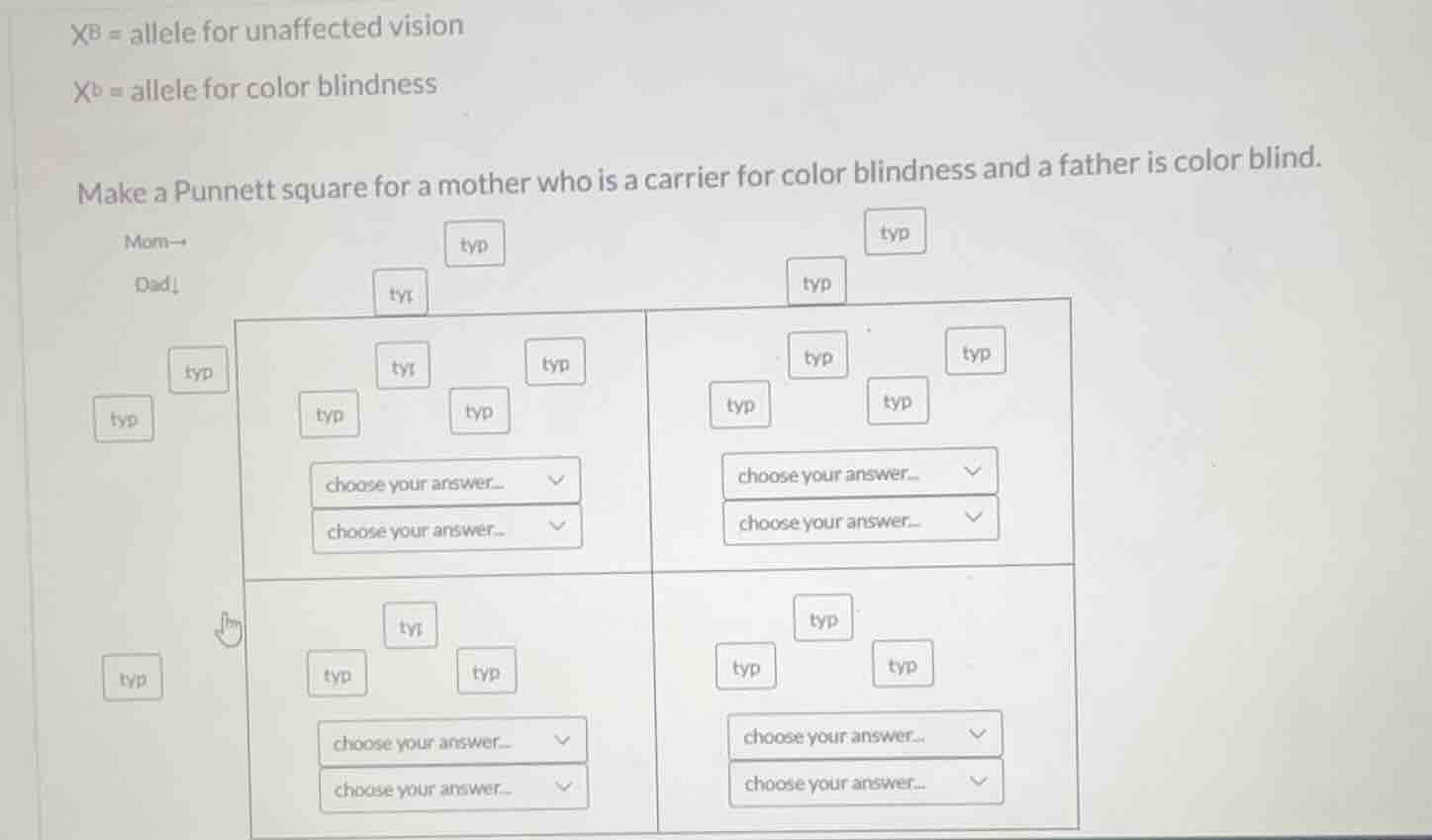 xᴮ = allele for unaffected vision xᵇ = allele for color blindness make …