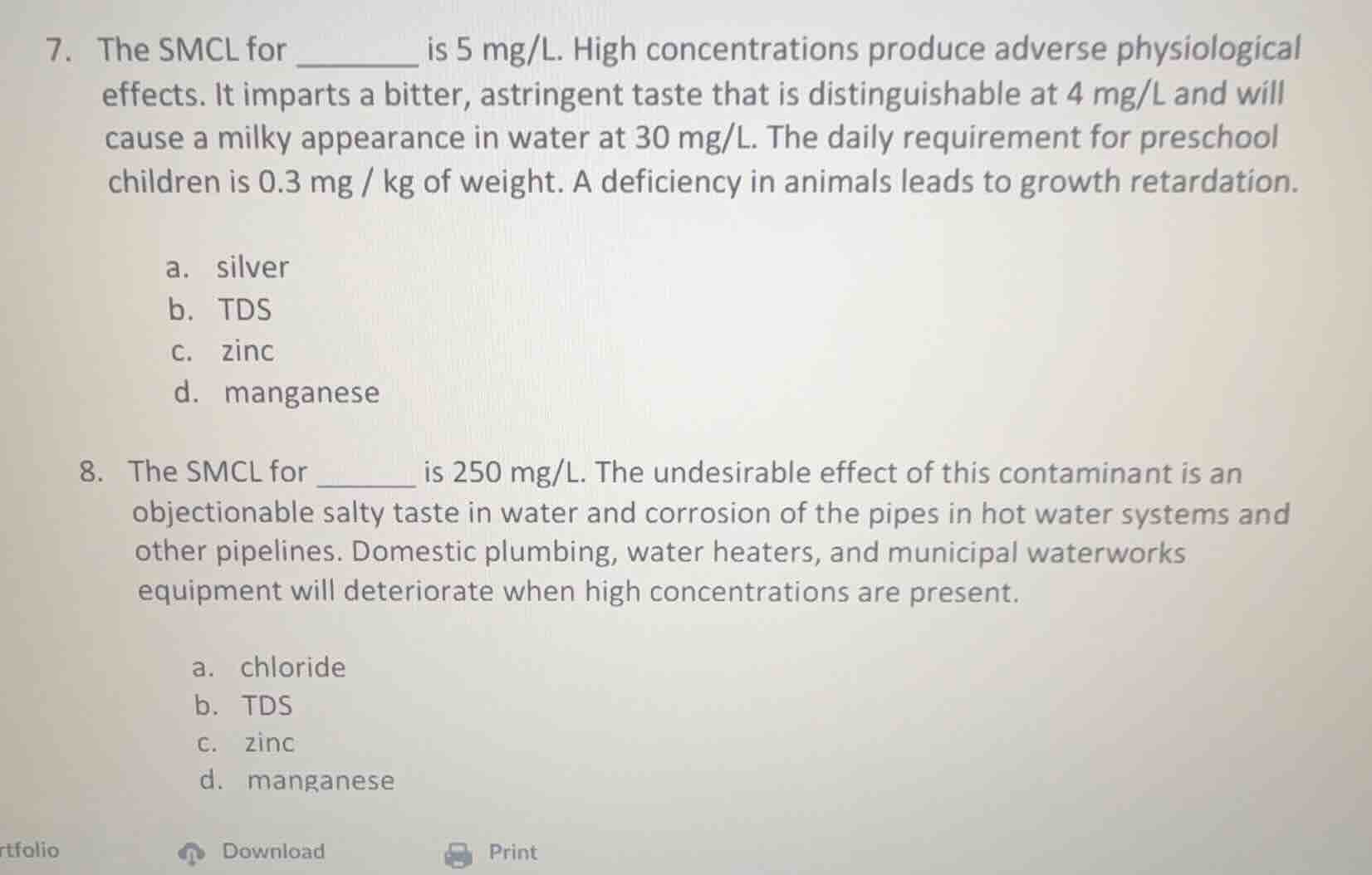 7. the smcl for _______ is 5 mg/l. high concentrations produce adverse …