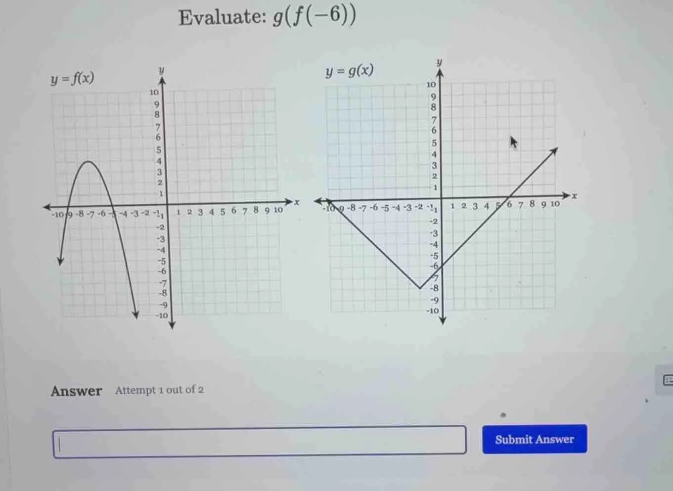 evaluate: $g(f(-6))$ $y = f(x)$ $y = g(x)$ answer attempt 1 out of 2 su…