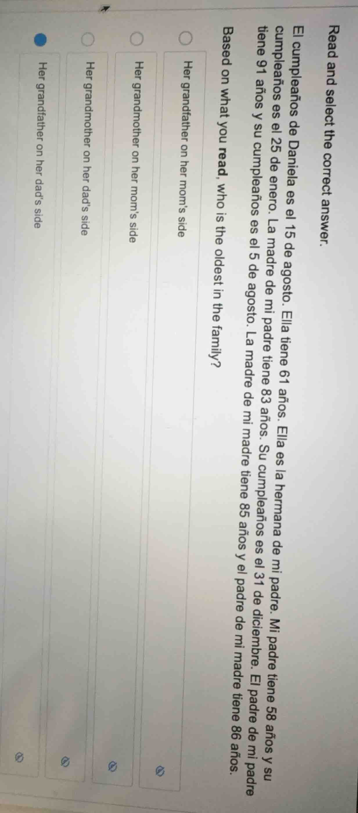 read and select the correct answer. el cumpleaños de daniela es el 15 d…