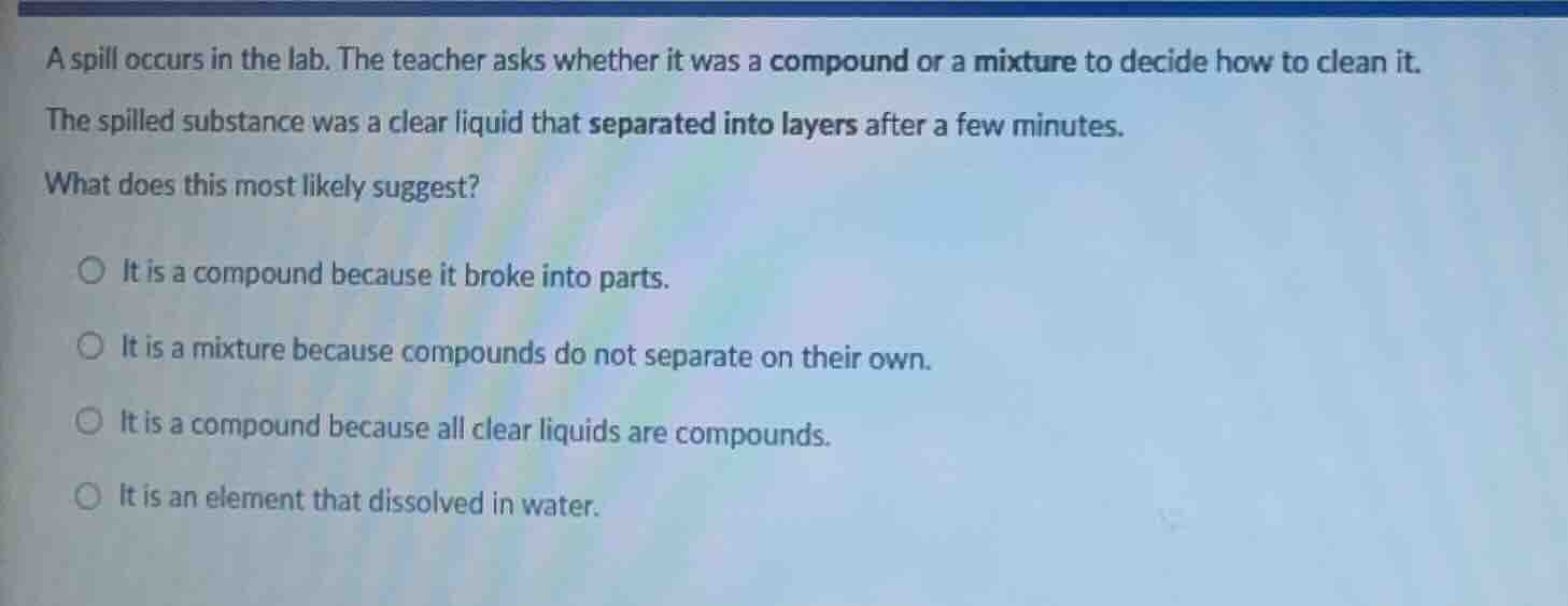 a spill occurs in the lab. the teacher asks whether it was a compound o…
