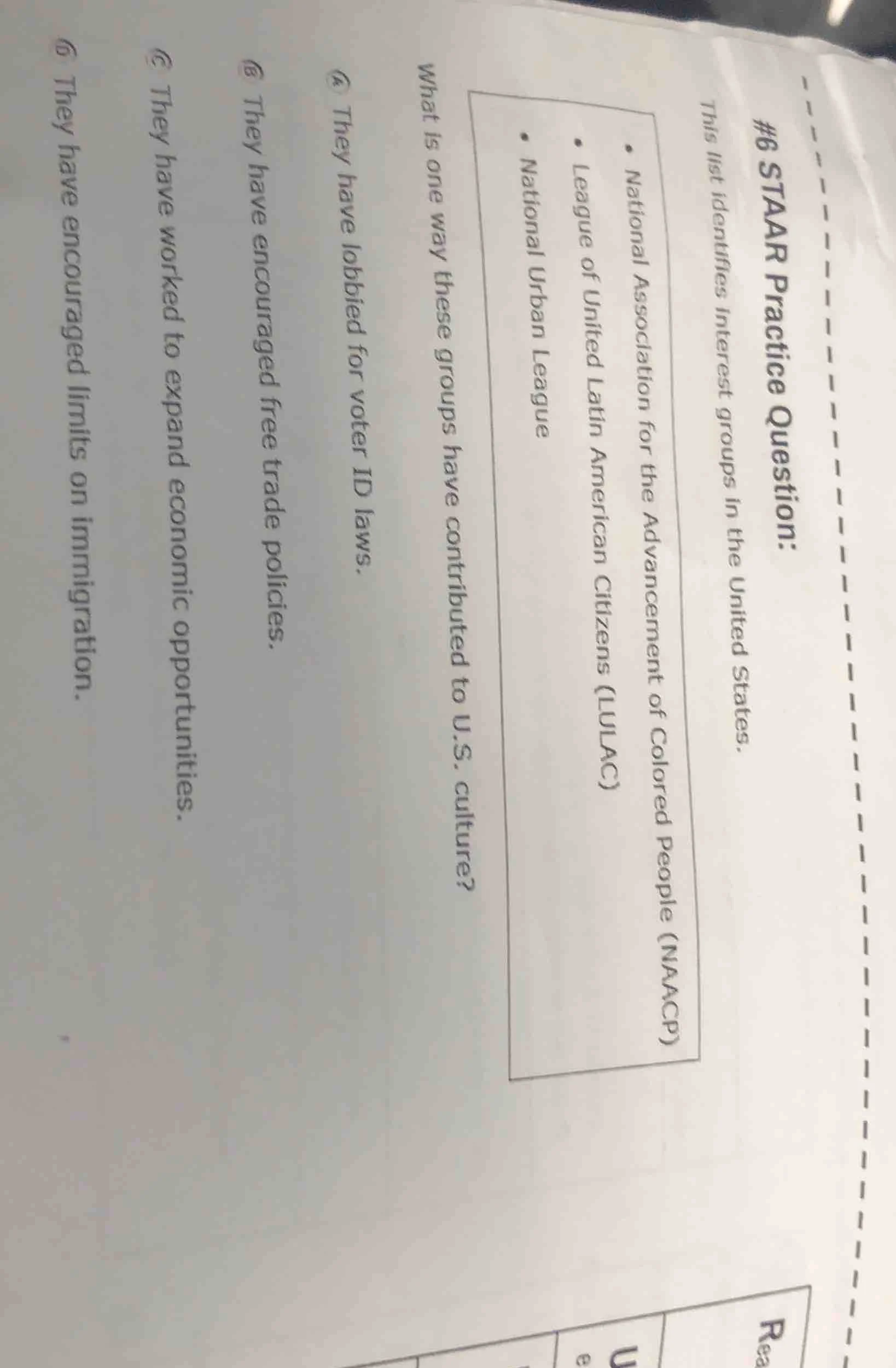 #6 staar practice question: this list identifies interest groups in the…
