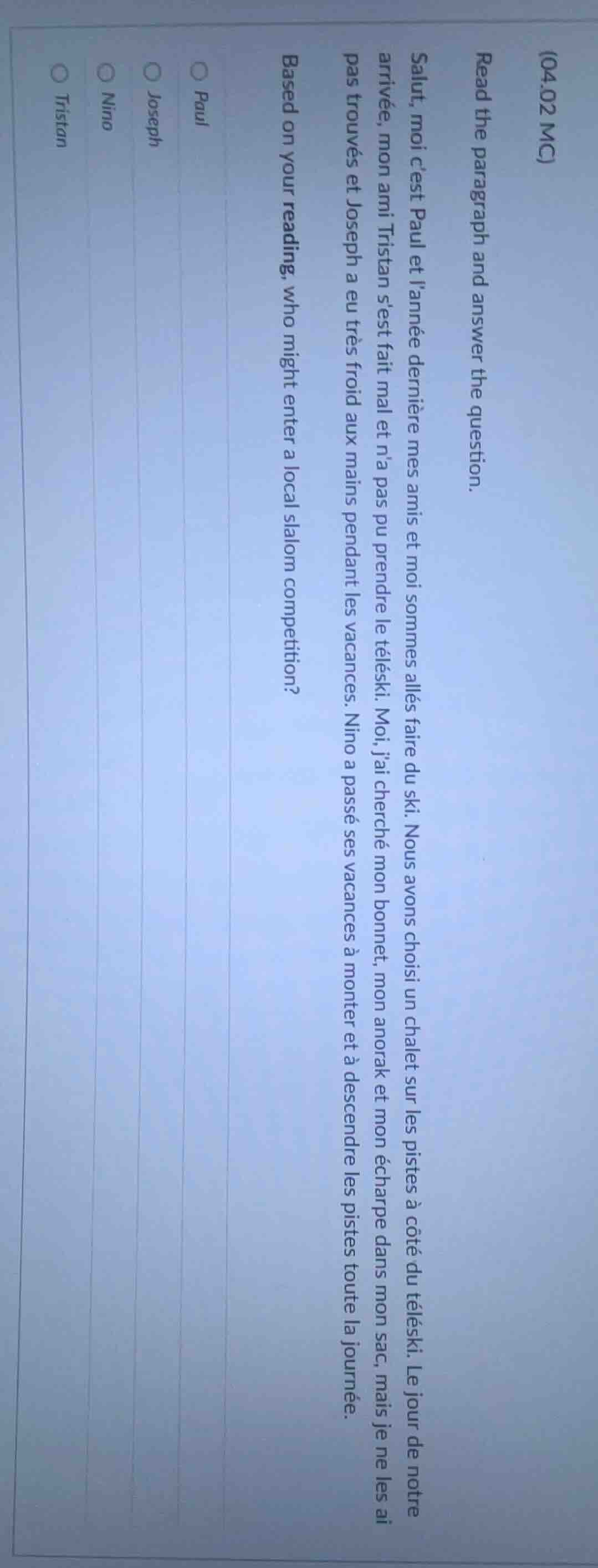 (04.02 mc) read the paragraph and answer the question. salut, moi cest …