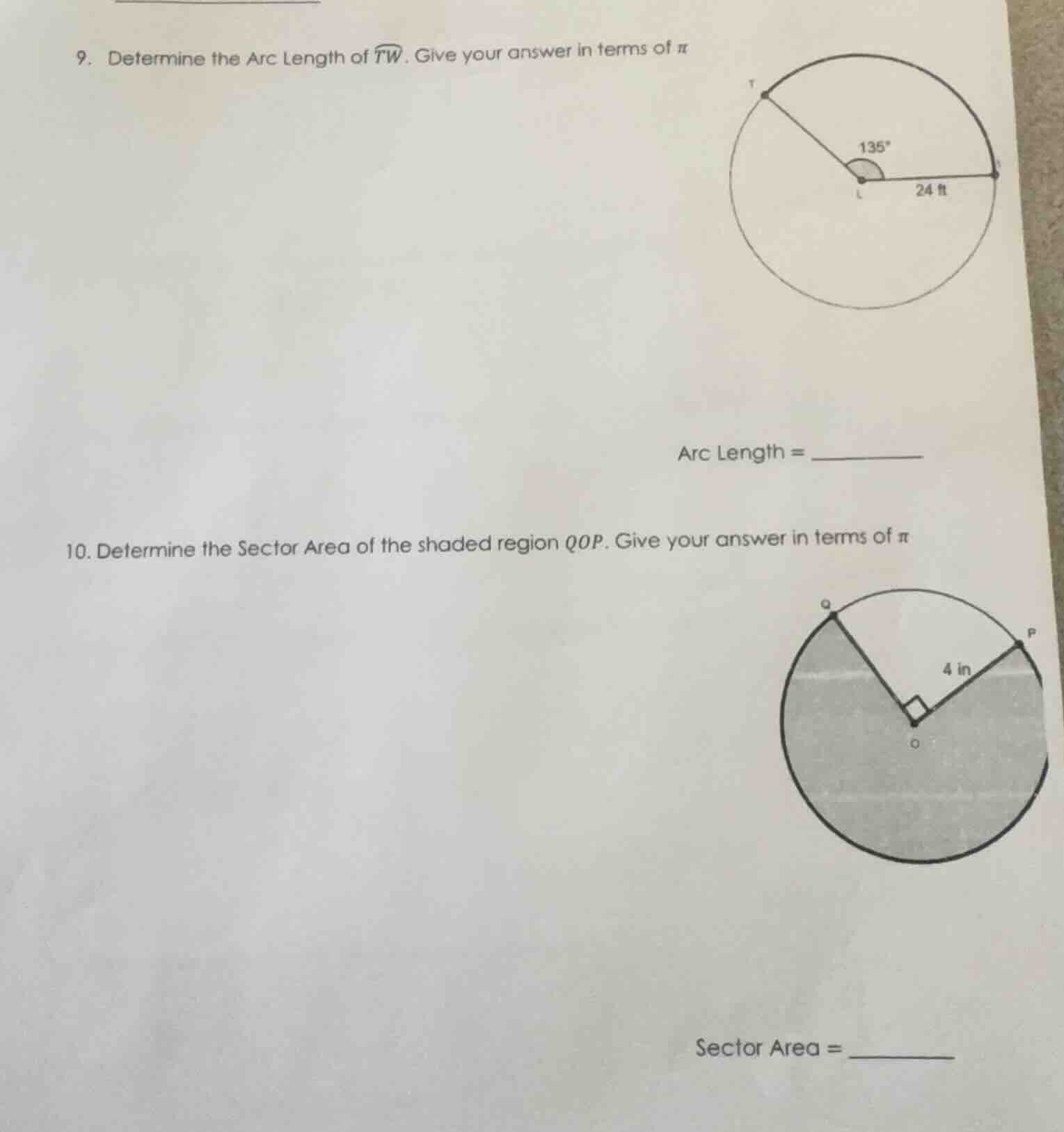 9. determine the arc length of $widehat{tw}$. give your answer in terms…