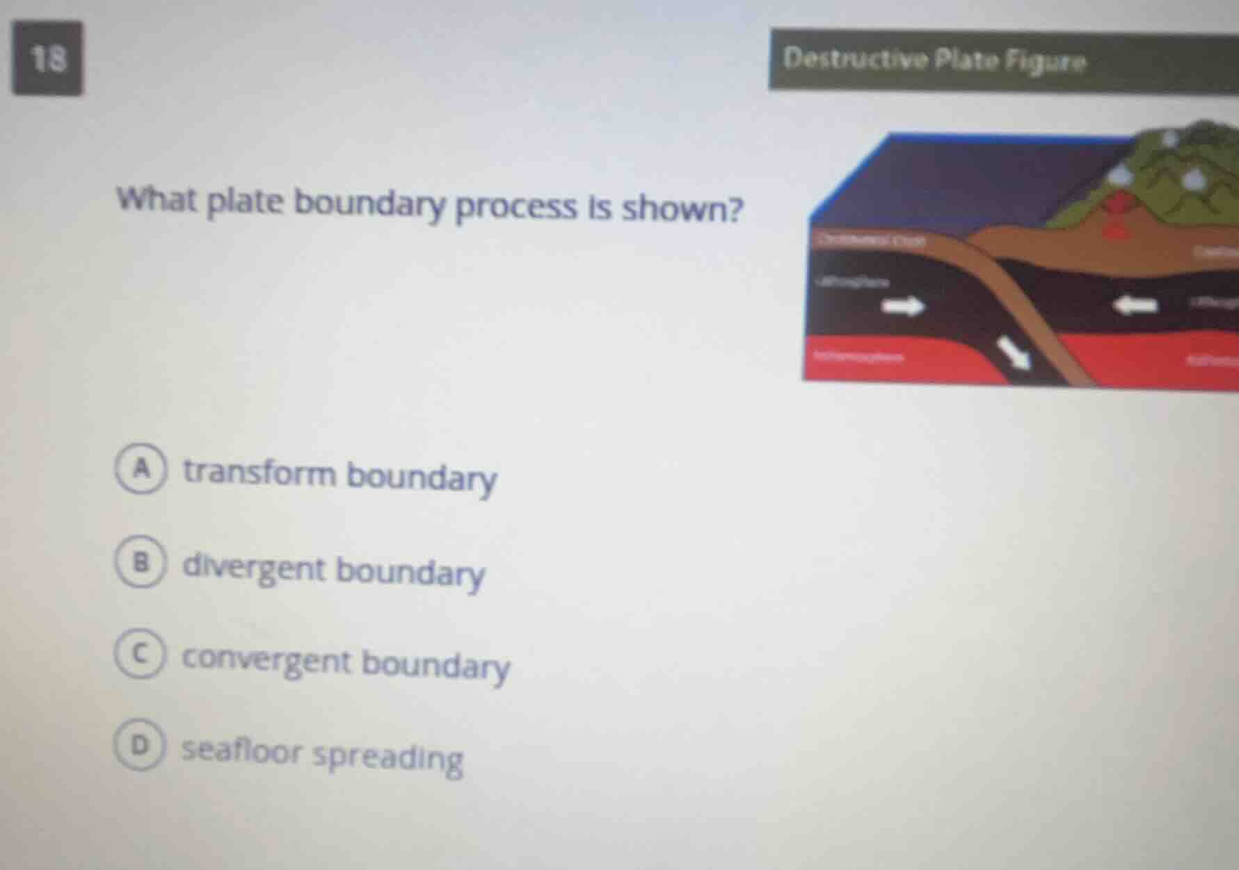 18 what plate boundary process is shown? a transform boundary b diverge…