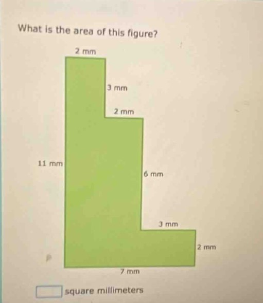 what is the area of this figure? 2 mm 3 mm 2 mm 11 mm 6 mm 3 mm 2 mm 7 …