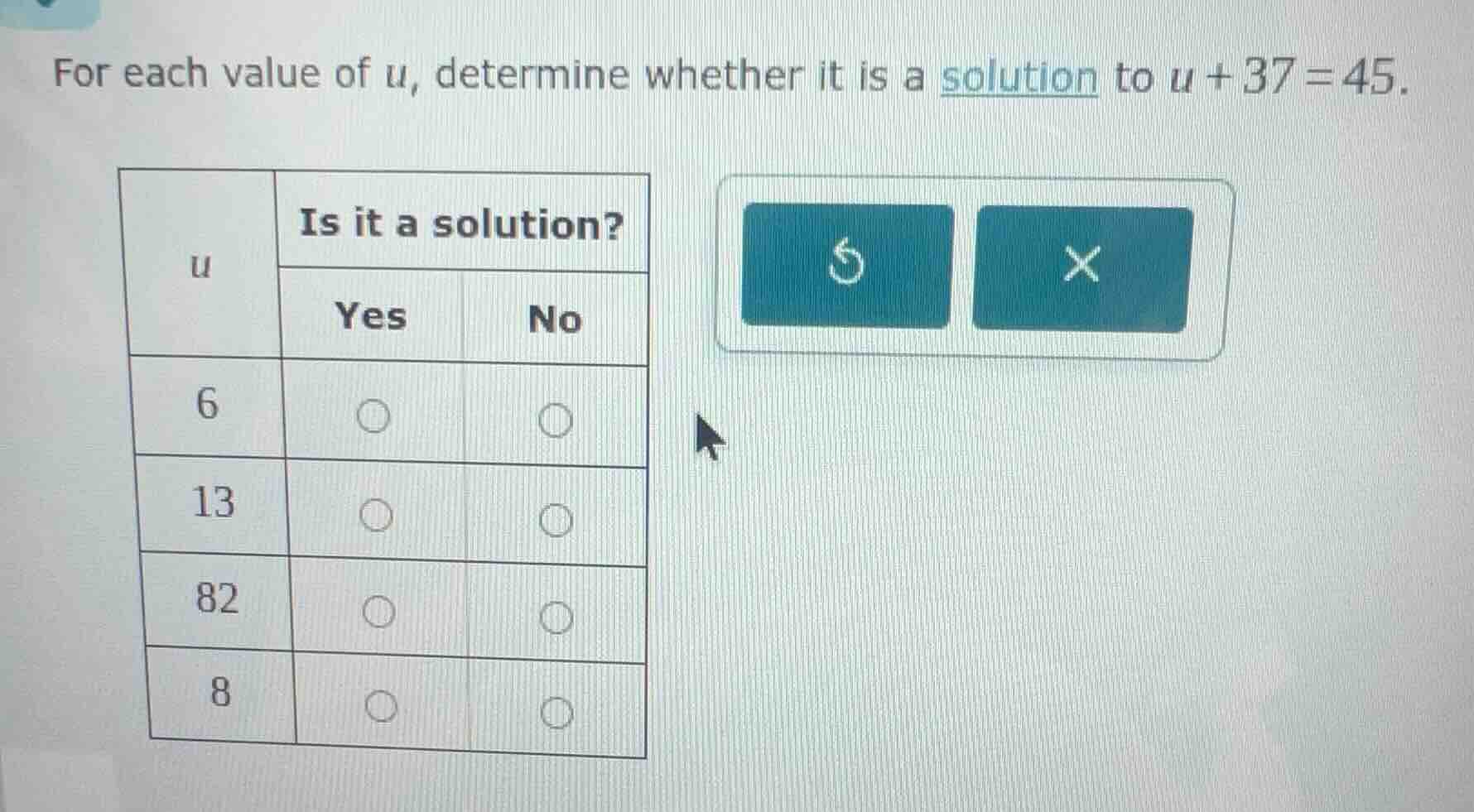 for each value of $u$, determine whether it is a solution to $u + 37 = …