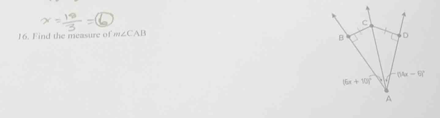 $x = \\frac{18}{3} = 6$ 16. find the measure of $m\\angle cab$ $(6x + 1…