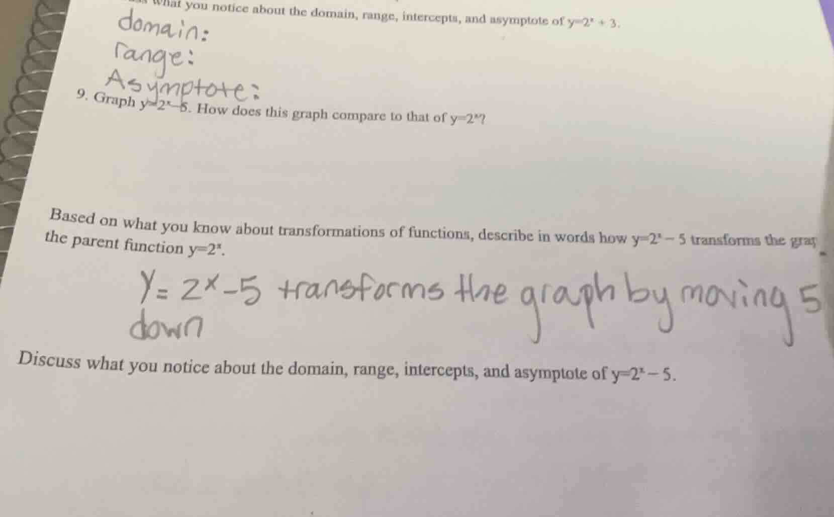 what you notice about the domain, range, intercepts, and asymptote of $…