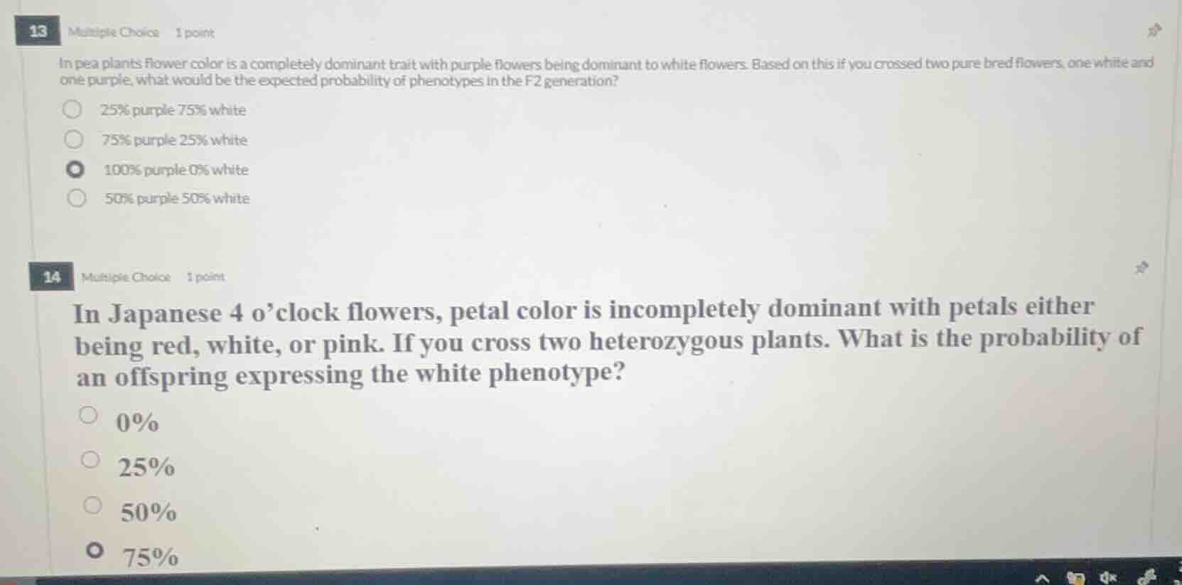 13 multiple choice 1 point in pea plants flower color is a completely d…