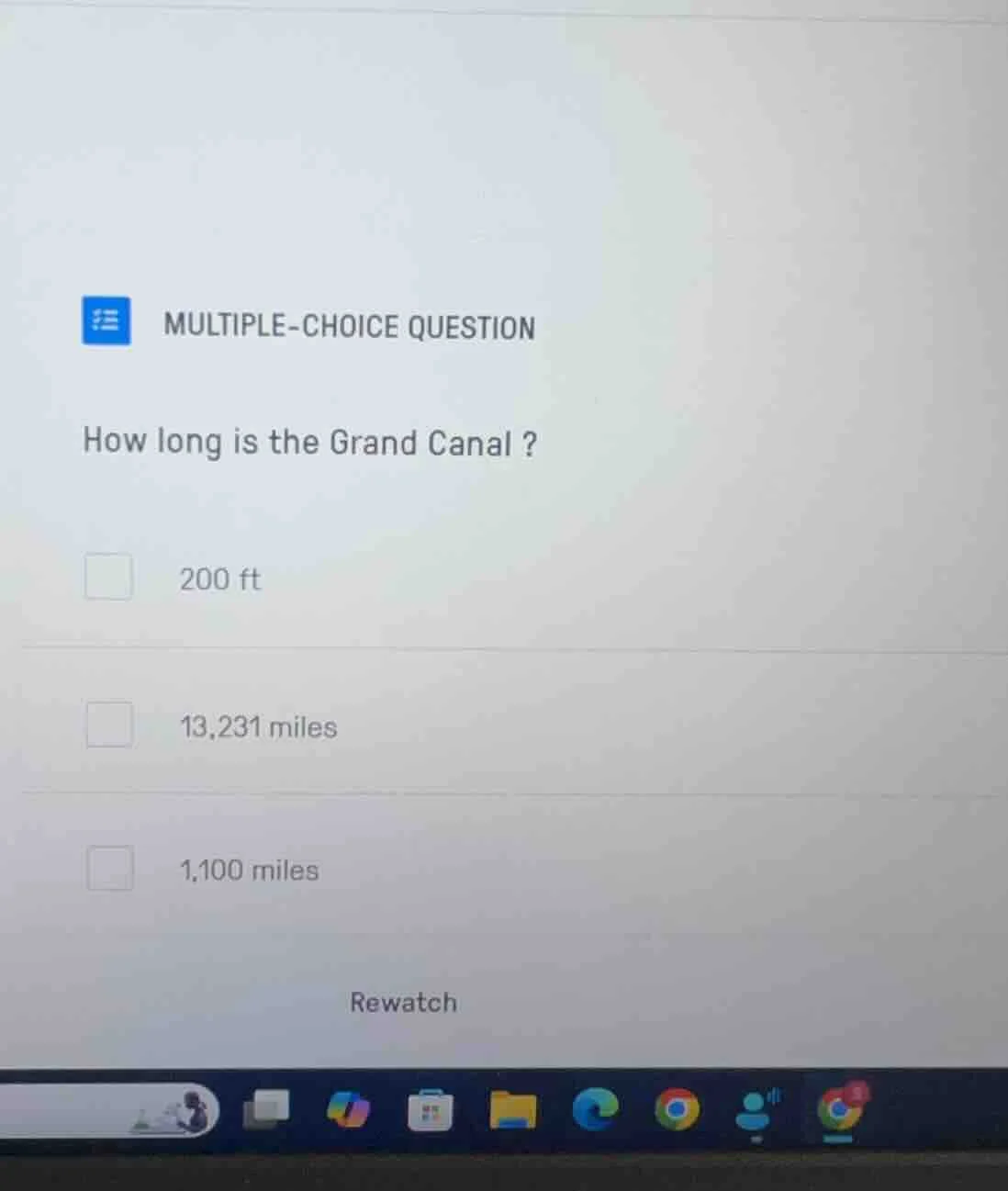 multiple-choice question how long is the grand canal ? 200 ft 13,231 mi…