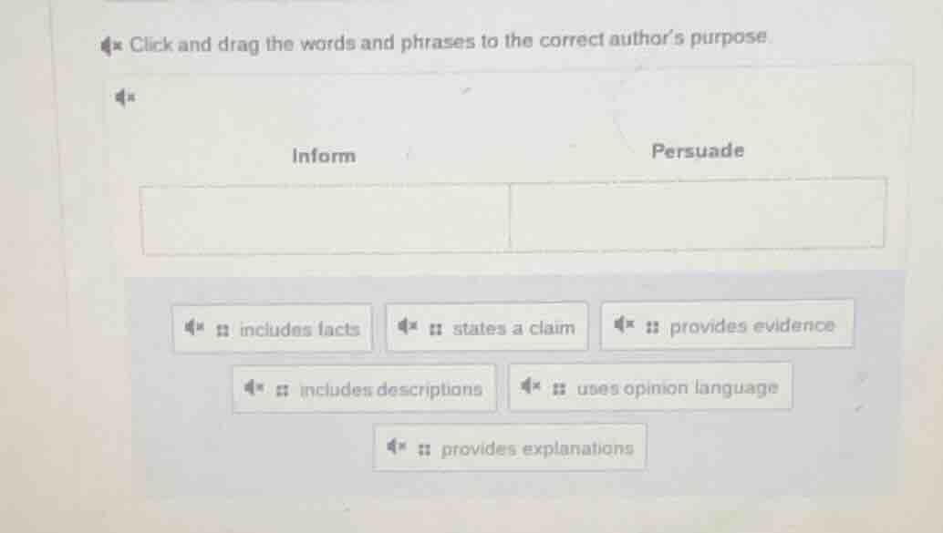click and drag the words and phrases to the correct authors purpose inf…