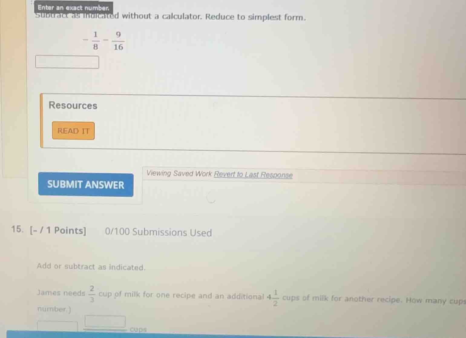 enter an exact number.subtract as indicated without a calculator. reduc…