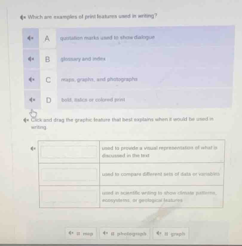 which are examples of print features used in writing? a quotation marks…