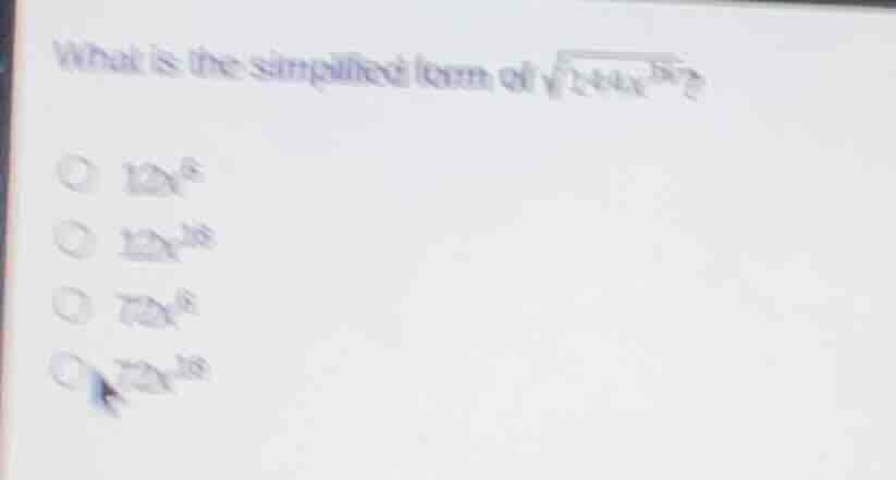what is the simplified form of $sqrt{144x^{12}}$? $12x^{6}$ $12x^{18}$ …