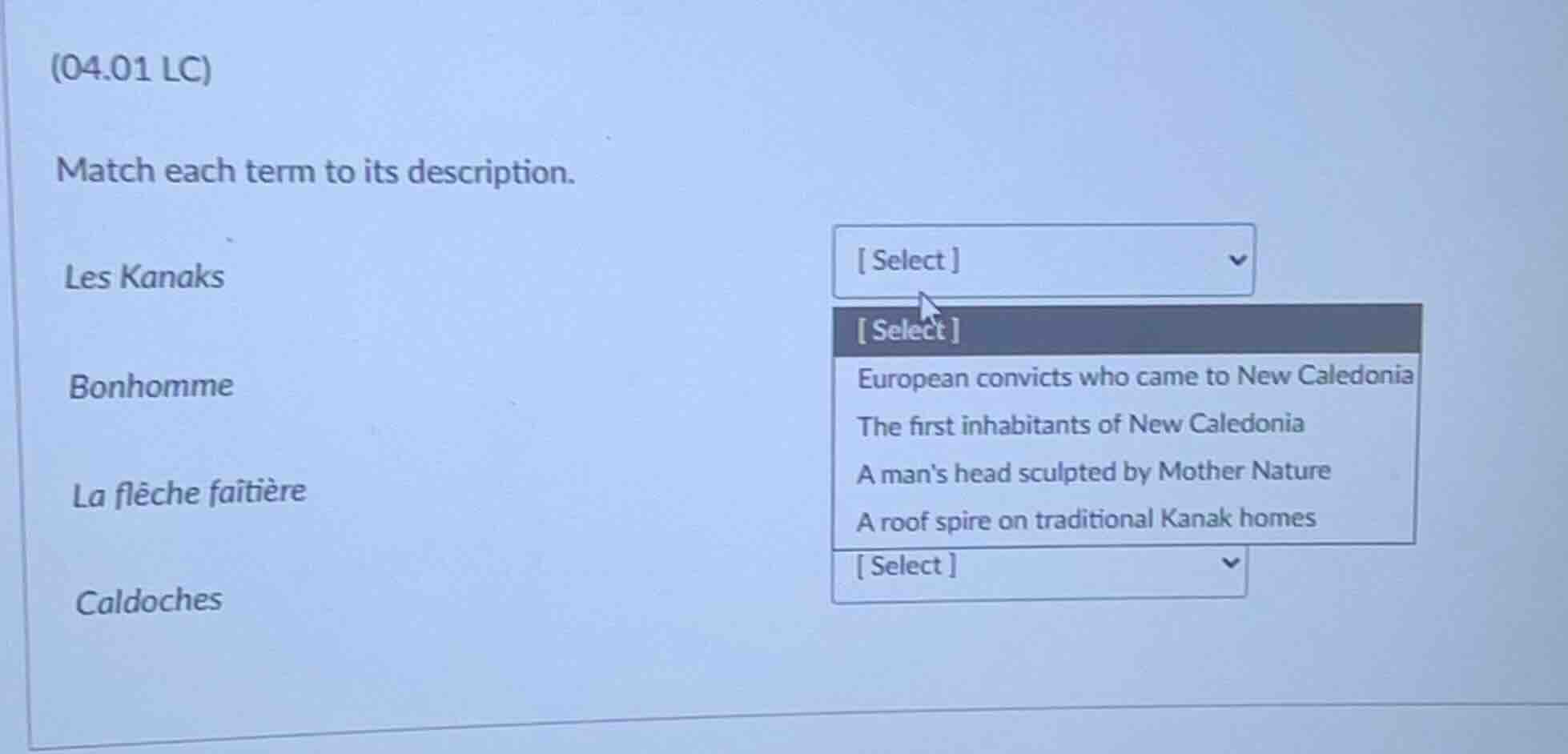 (04.01 lc) match each term to its description. les kanaks bonhomme la f…