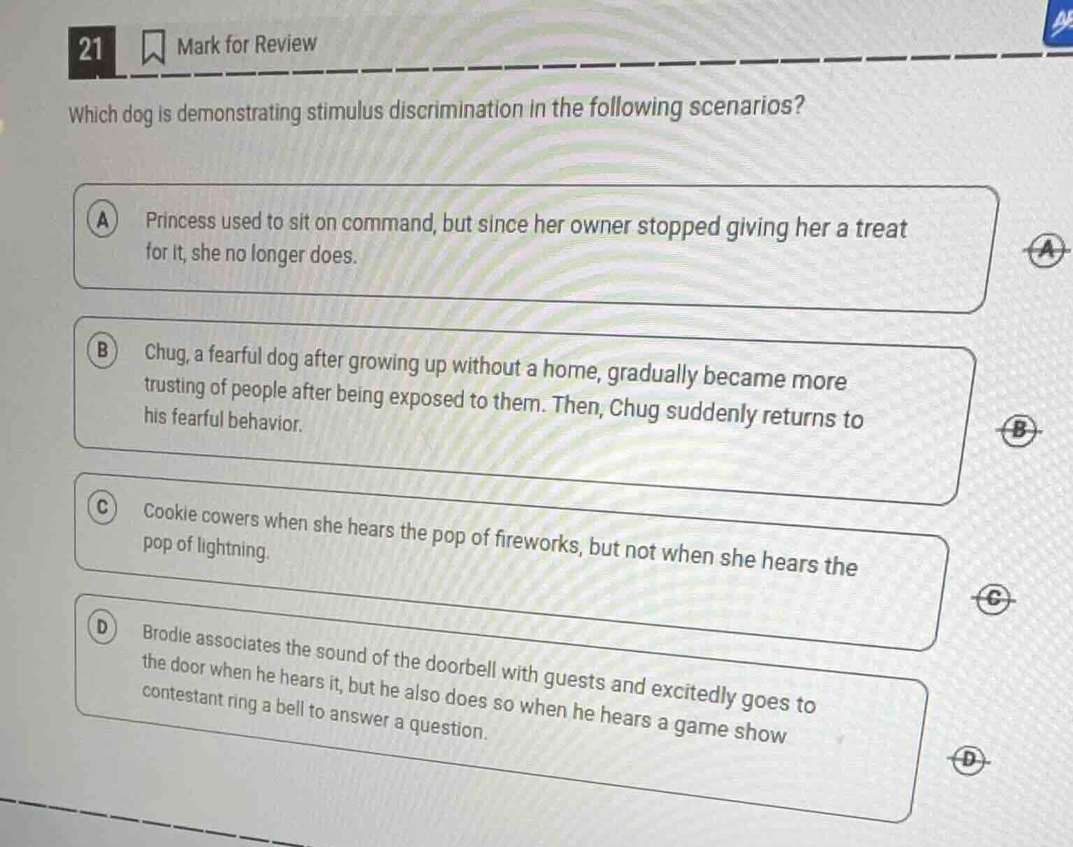 21 mark for review which dog is demonstrating stimulus discrimination i…