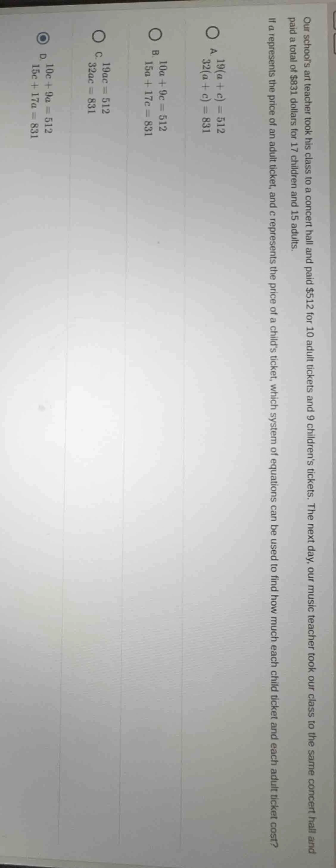 our schools art teacher took his class to a concert hall and paid $512 …