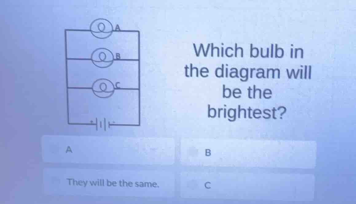 which bulb in the diagram will be the brightest? a b they will be the s…