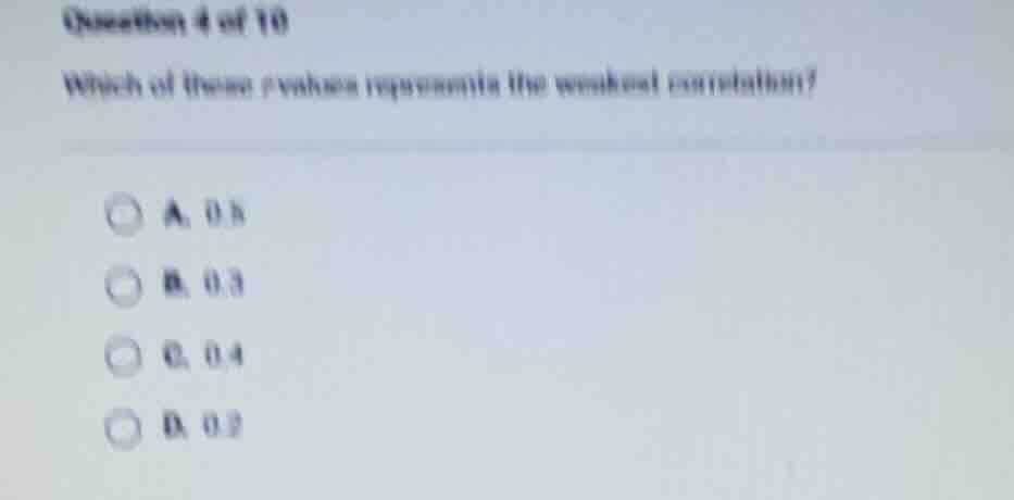 question 4 of 10 which of these r-values represents the weakest correla…