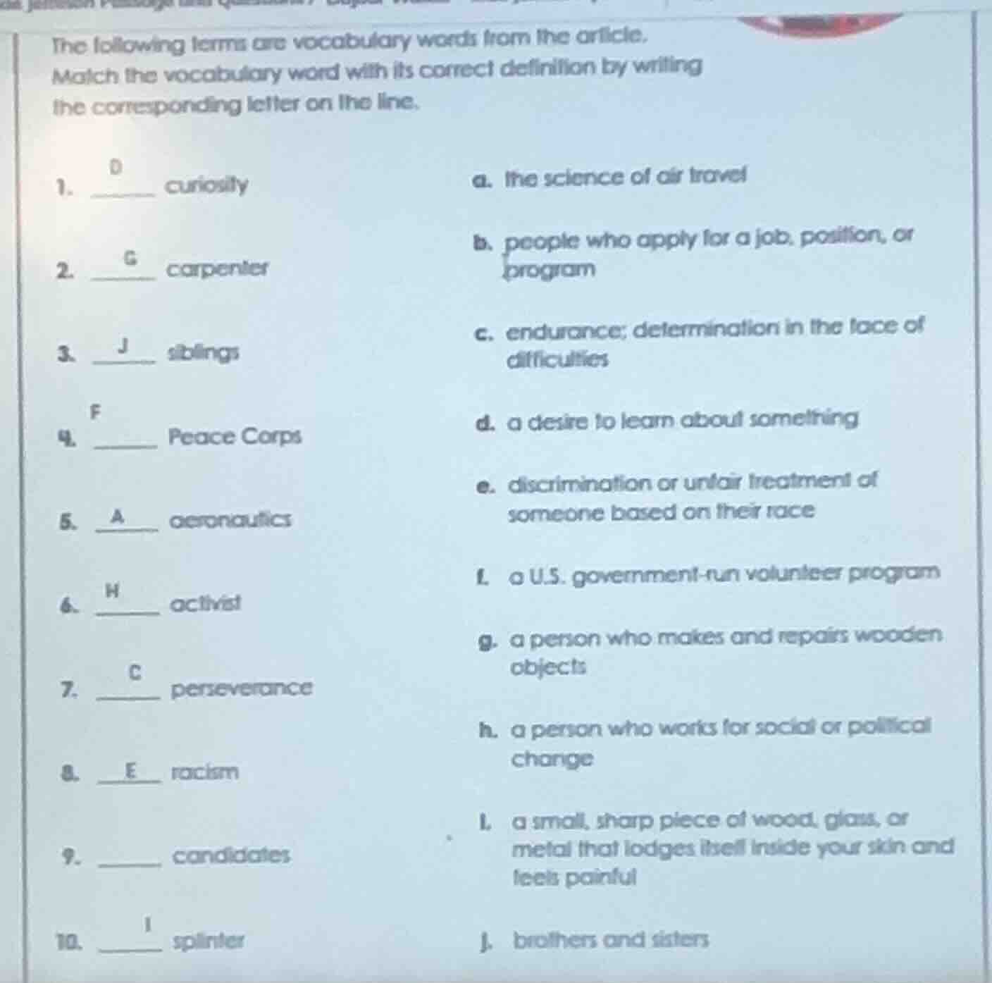 the following terms are vocabulary words from the article. match the vo…