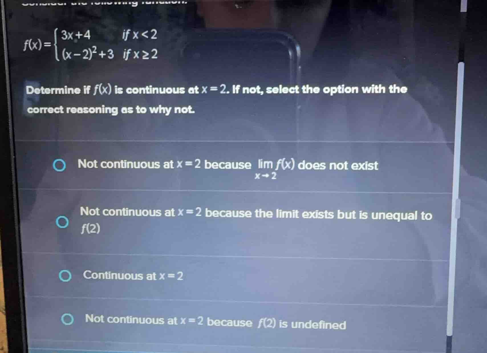 $f(x)=\\begin{cases} 3x+4 & \\text{if } x<2 \\\\ (x-2)^2+3 & \\text{if …