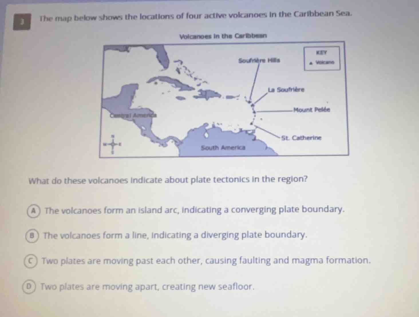 3 the map below shows the locations of four active volcanoes in the car…