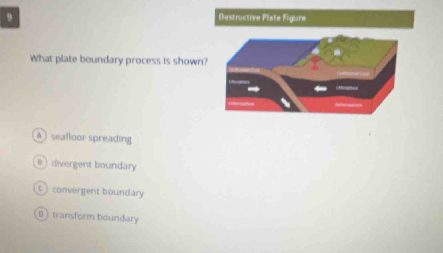 9 what plate boundary process is shown? a seafloor spreading b divergen…