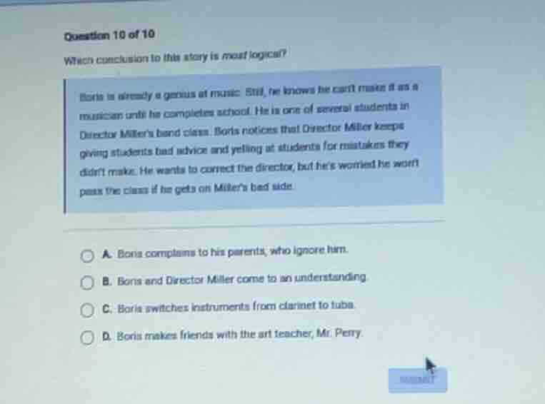 question 10 of 10 which conclusion to this story is most logical? boris…