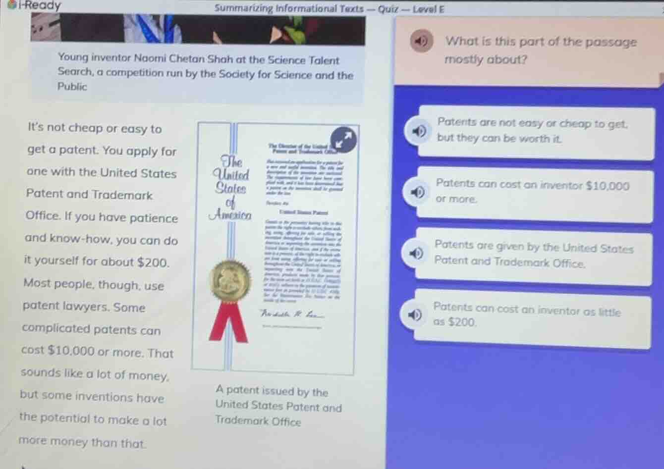 summarizing informational texts — quiz — level e young inventor naomi c…