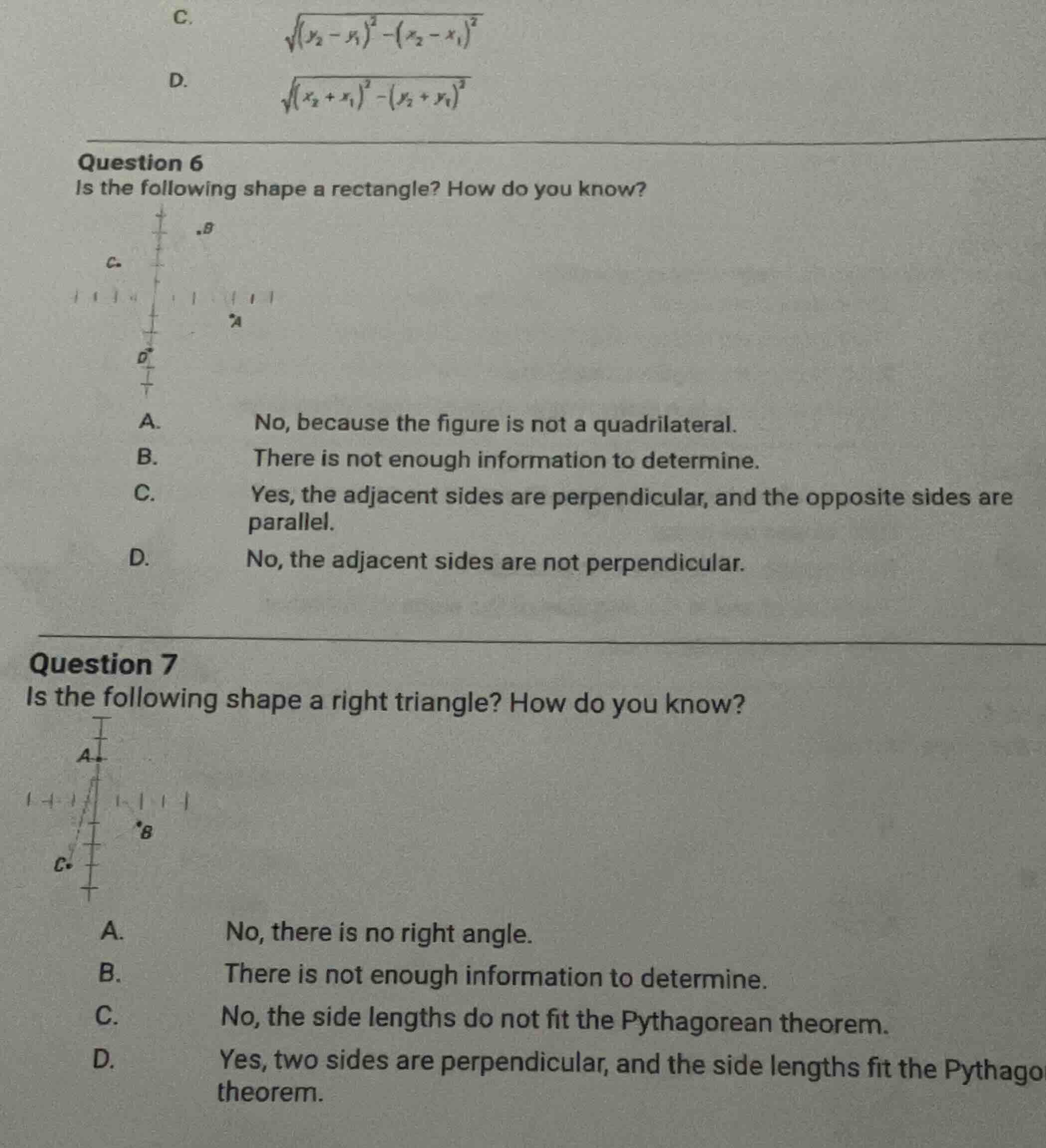 c. $sqrt{(y_2 - y_1)^2 -(x_2 - x_1)^2}$ d. $sqrt{(x_2 + x_1)^2 -(y_2 + …