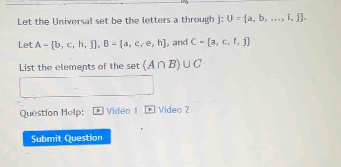 let the universal set be the letters a through j: u = {a, b, ..., i, j}…