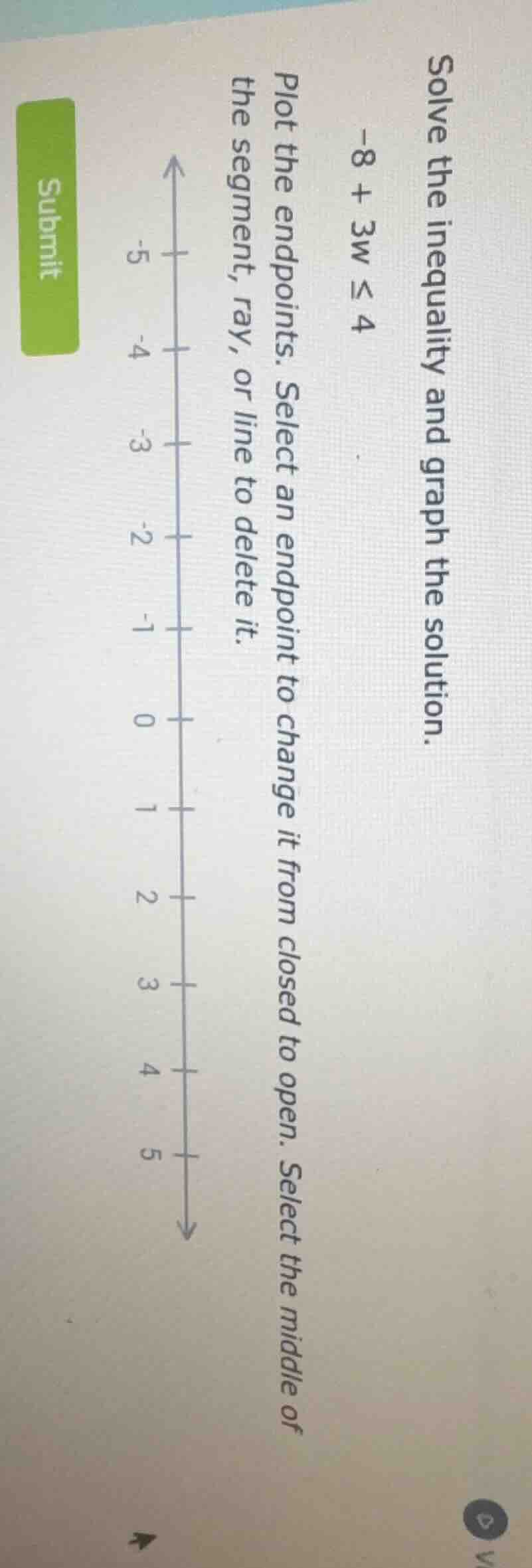 solve the inequality and graph the solution.$-8 + 3w \\leq 4$plot the e…