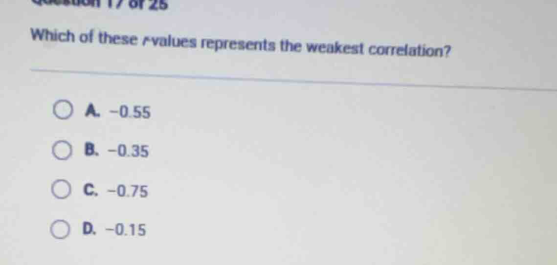 question 17 of 25 which of these r-values represents the weakest correl…