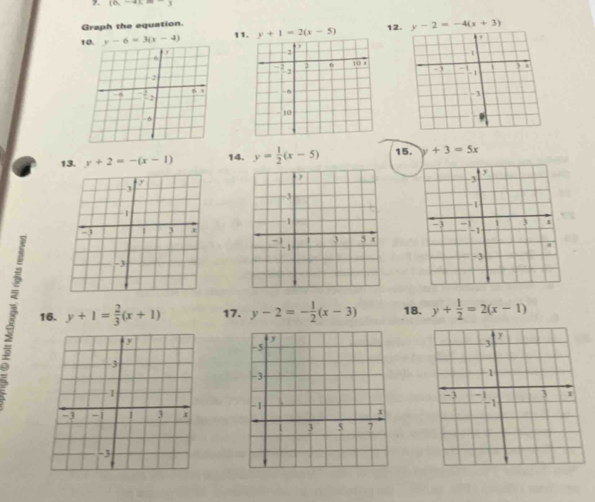 graph the equation. 10. $y - 6 = 3(x - 4)$ 11. $y + 1 = 2(x - 5)$ 12. $…