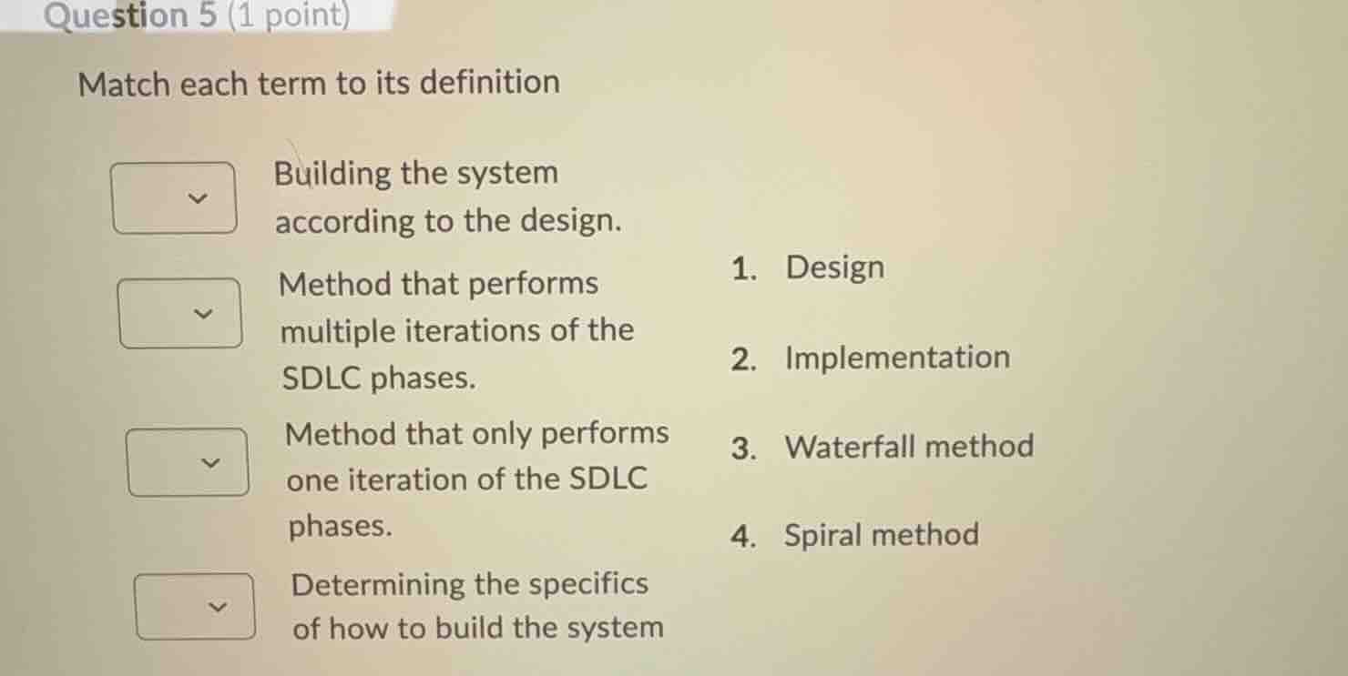 question 5 (1 point) match each term to its definition building the sys…