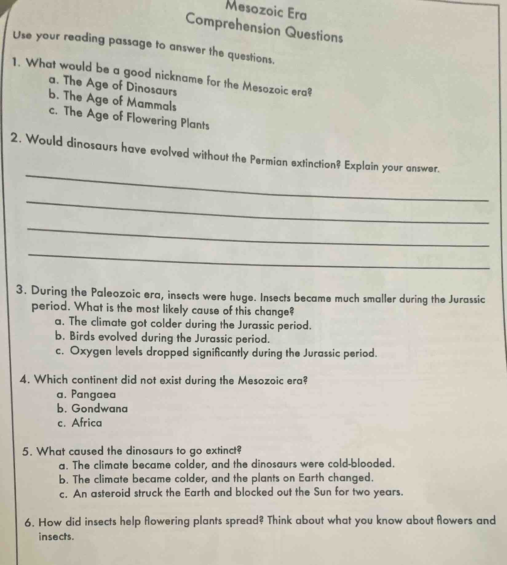 mesozoic eracomprehension questionsuse your reading passage to answer t…