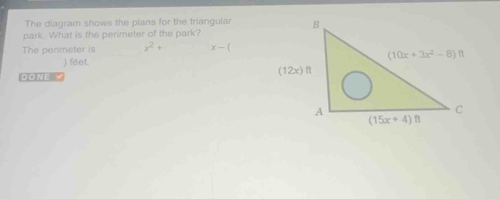 the diagram shows the plans for the triangular park. what is the perime…
