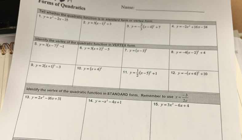 forms of quadratics name: _______ tell whether the quadratic function i…