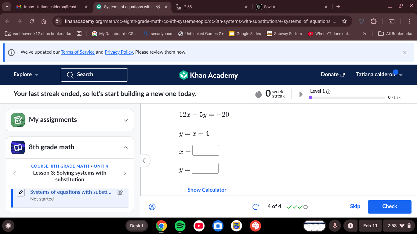 solve the system of equations:$12x - 5y = -20$$y = x + 4$$x = \\square$…