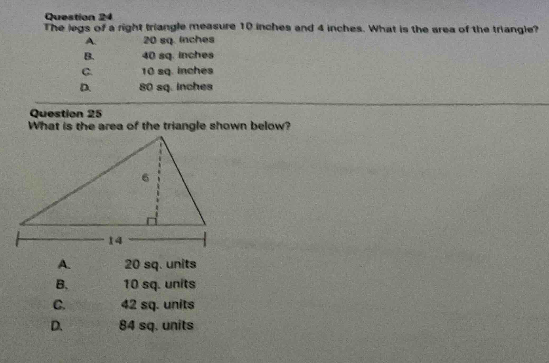 question 24 the legs of a right triangle measure 10 inches and 4 inches…