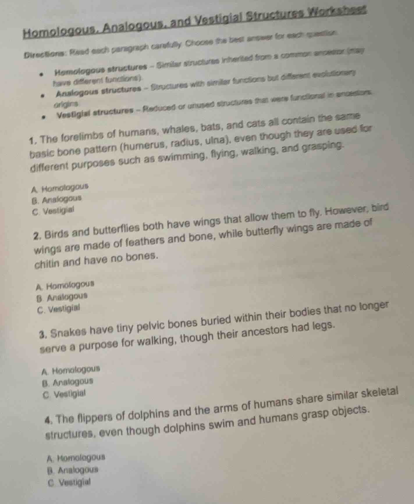 homologous, analogous, and vestigial structures worksheet directions: r…