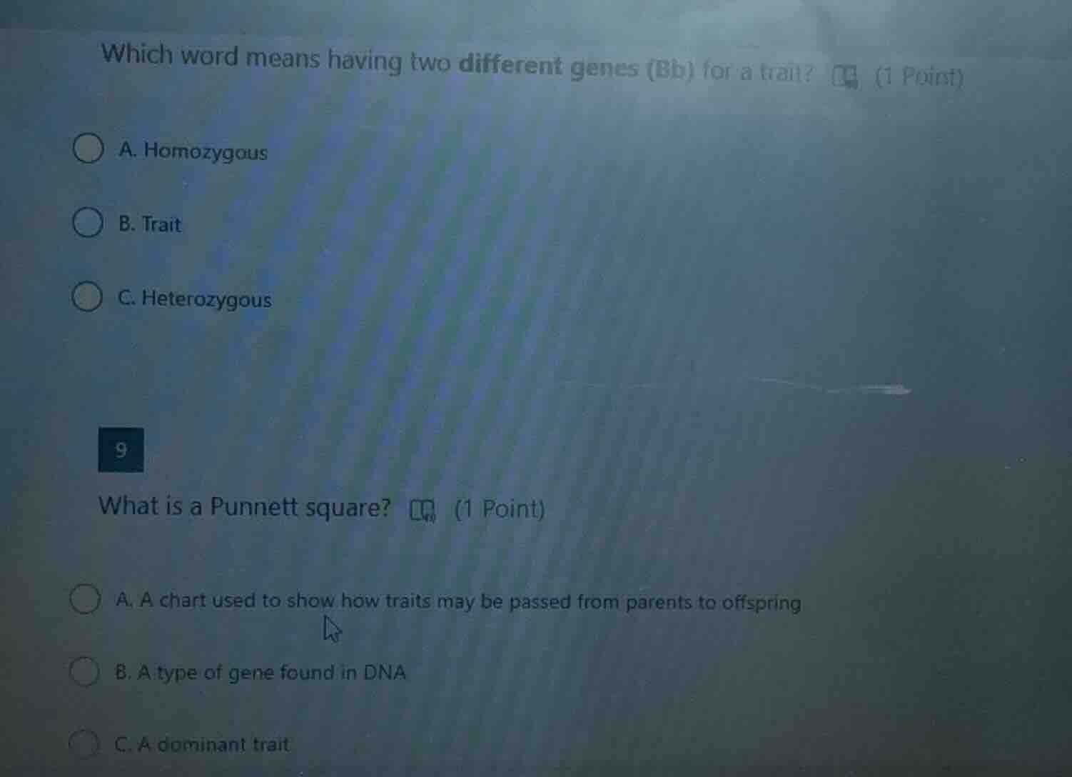 which word means having two different genes (bb) for a trait? (1 point)…