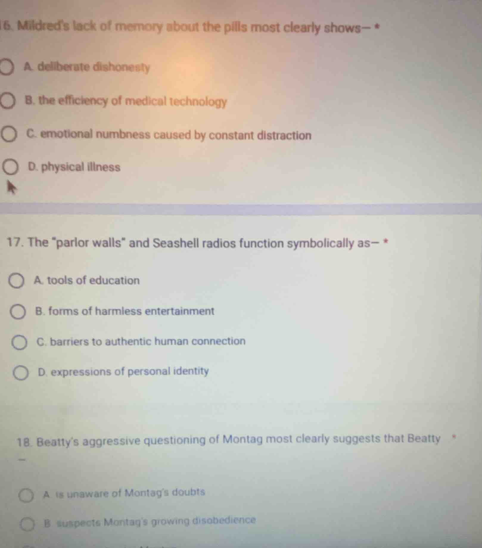 16. mildreds lack of memory about the pills most clearly shows— *a. del…