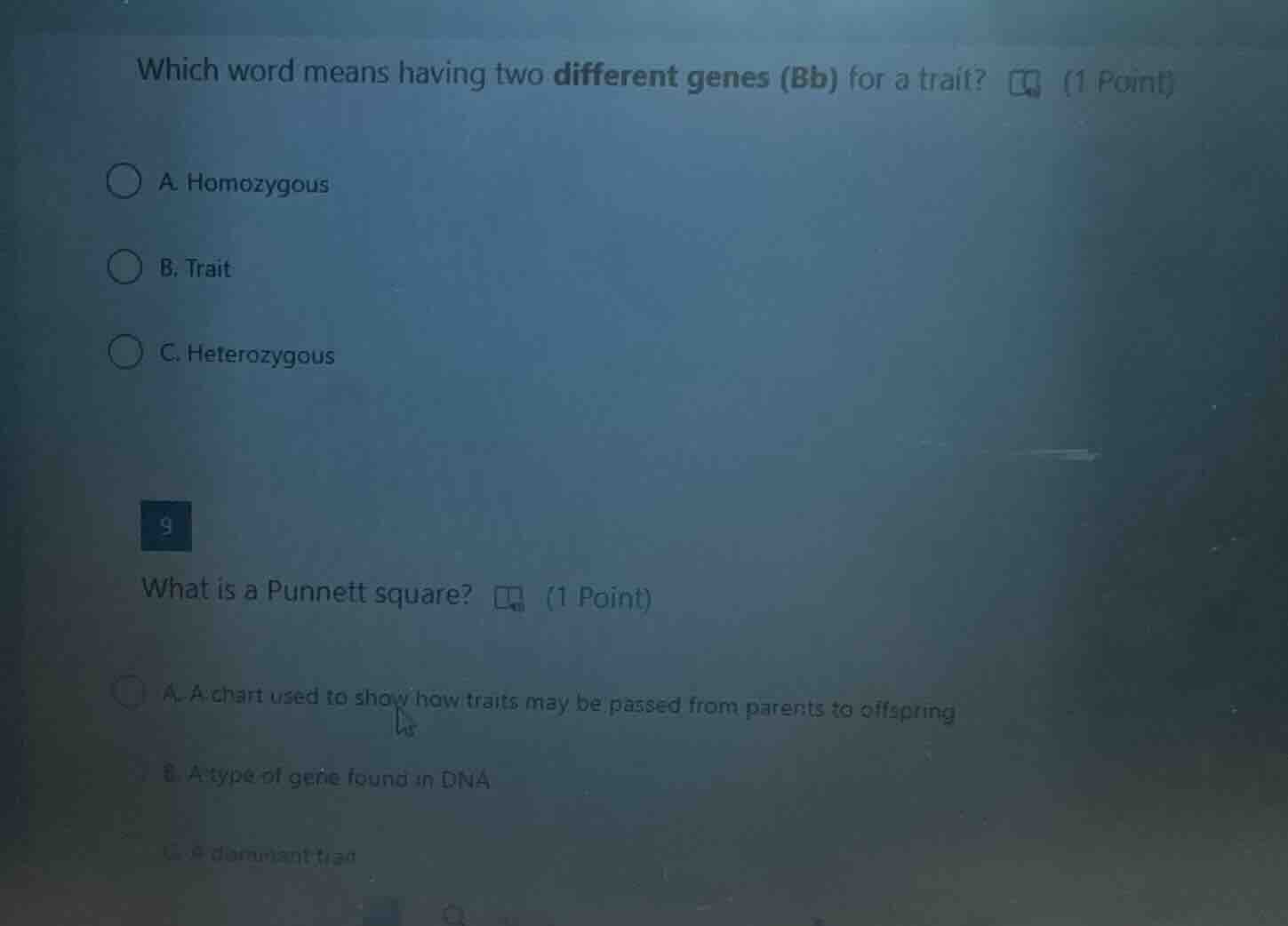 which word means having two different genes (bb) for a trait? (1 point)…