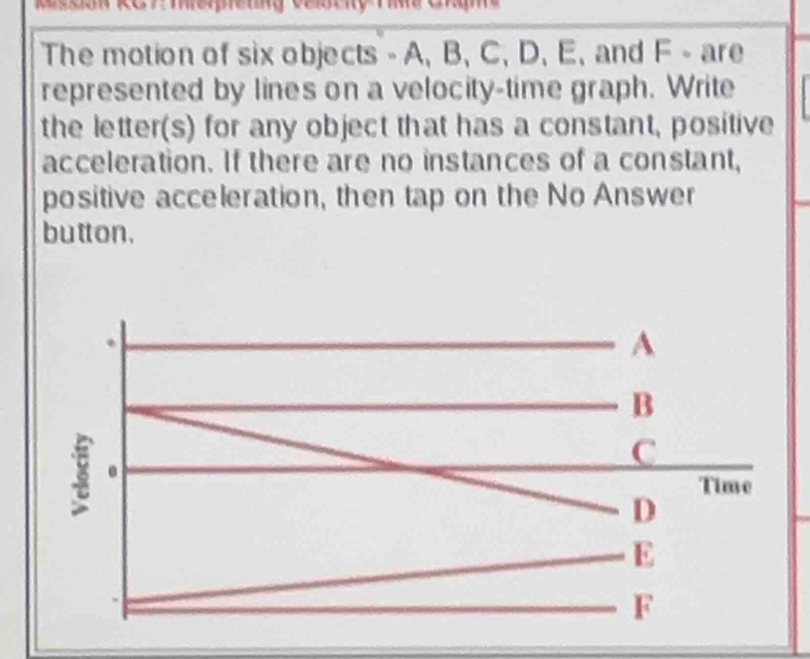 the motion of six objects - a, b, c, d, e, and f - are represented by l…