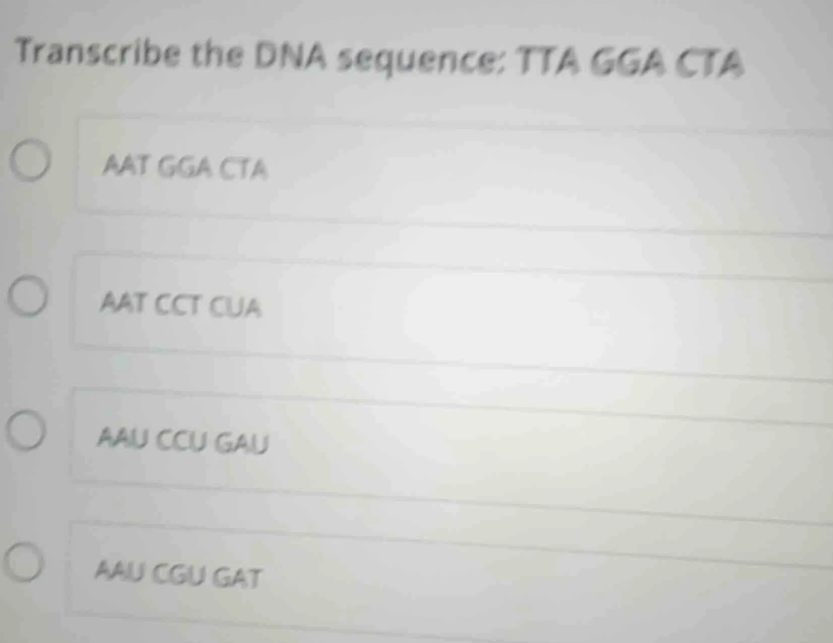 transcribe the dna sequence: tta gga cta aat gga cta aat cct cua aau cc…