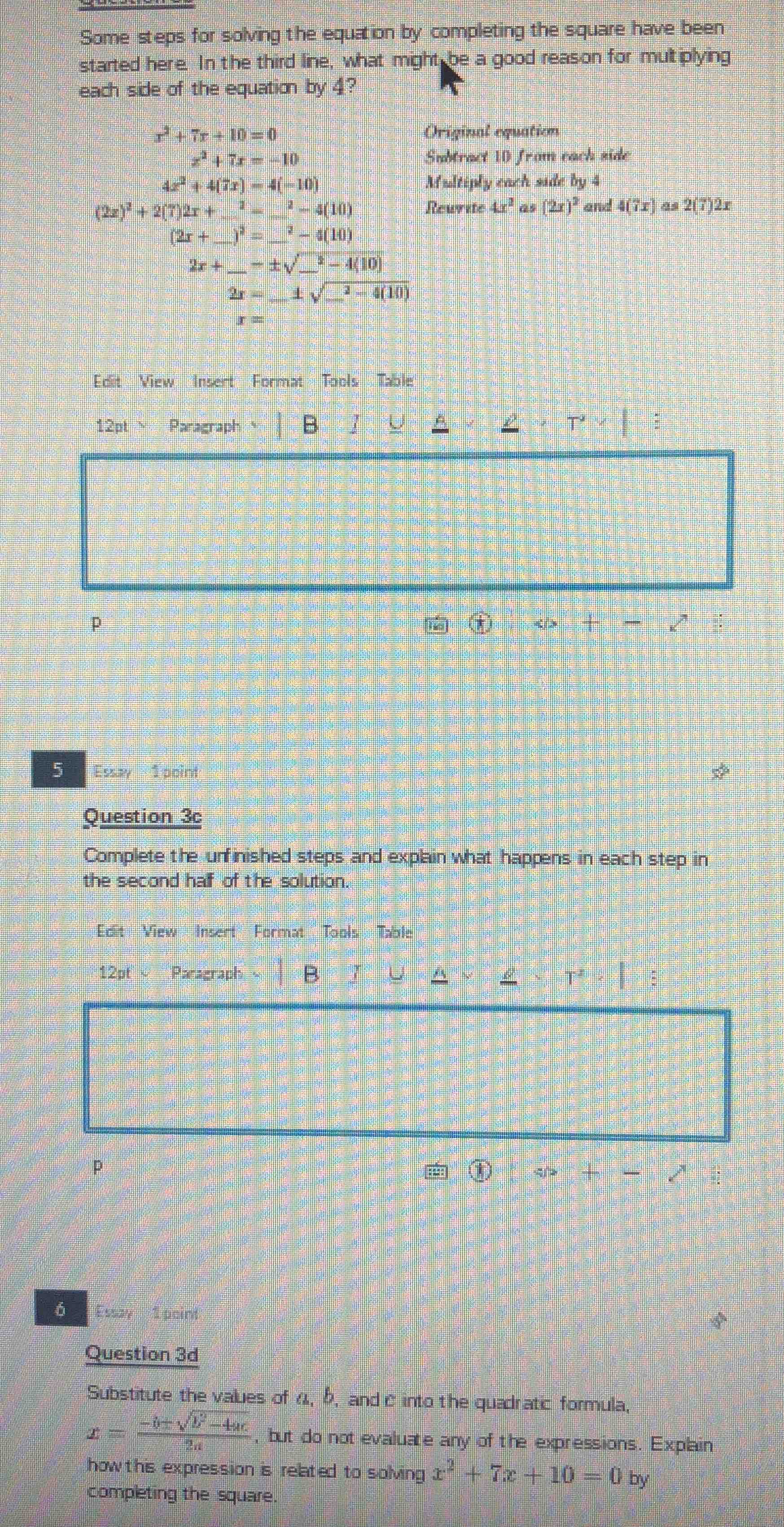 some steps for solving the equation by completing the square have been …